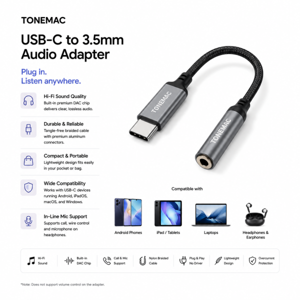 Audio Adapter Tonemac USB-C to 3.5mm