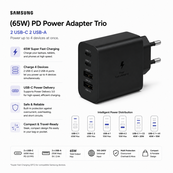 Samsung (65W) PD Power Adapter Trio USB-C 2 USB - A