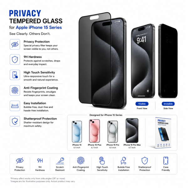 Privacy Tempered Glass for Apple iPhone 15 Series